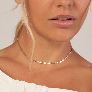 Mirror Link Chain Choker 14K Solid Gold Flat Disc Choker Necklace For Women, Adjustable Dainty 14K Yellow White Rose Real Gold Choker Chain