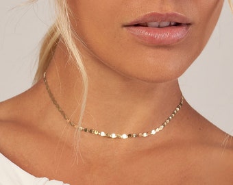 Mirror Link Chain Choker 14K Solid Gold Adjustable Sparkle Flat Disc Necklace For Women