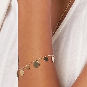 Coin Charm Bracelet Real 14K Yellow Solid Gold Dainty Disc Bracelet For Women, Minimalist Adjustable Cable Chain Bracelet, Gift For Her