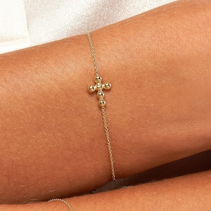 Beaded Cross Bracelet 14K Solid Gold Adjustable Cable Chain Bolo Bracelet, Religious Jewelry
