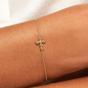 Beaded Cross Bracelet Real 14K Yellow White Solid Gold Bolo Bracelet For Women, Dainty Adjustable Cable Chain Bracelet, Religious Jewelry