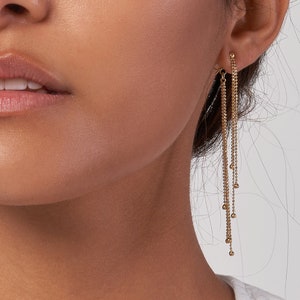 Beaded Chain Earrings Real 14K Solid Yellow Gold Long Chain Stud Earrings For Women, Front Back Chain Drop Earrings, Dainty Fringe Earrings
