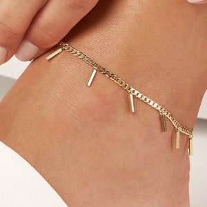 Multi Bar Charm Anklet Real 14K Yellow Solid Gold Ankle Bracelet For Women, Dainty Adjustable 2.7mm Cuban Link Chain Anklet Foot Bracelet