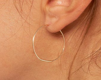 Classic Hoop Earrings Real 14K Solid Gold 1.2mm Thin Wire Endless Hoops For Women