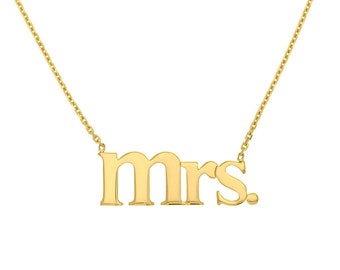 Mrs Necklace 14K Solid Yellow Gold Delicate Wedding Jewelry Dainty Script Necklace Women, Adjustable Cable Chain Minimalist Necklace
