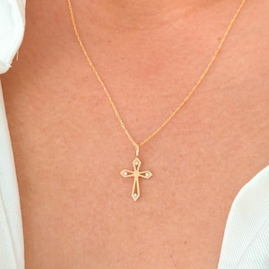 10K of 14K massief gouden kruishanger met kubische zirkonia, open geometrische kruishanger met ketting voor dames, verfijnd religieus sieraad