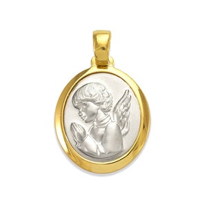 Guardian Angel Medallion Religious Protection Necklace Pendant 14K Solid Two Tone Gold Oval Medallion For Men Women