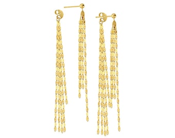 Real 14K Solid Gold Chain Tassel Earrings, Long Dangle Drop Front Back Earrings Ball Studs