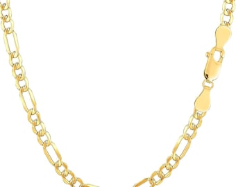 14K Yellow Real Gold Hollow Figaro Chain Necklace for Men Women, 2mm, 2.5mm, 3.5mm, 4.5mm, 5.5mm, 6.5mm, 7.5mm Thick 14K Gold Link Necklace