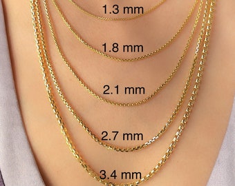 1.3mm-3.4mm Round Box Chain Necklace 14K Real Gold Diamond Cut Link Necklace, 14K Yellow White Gold Box Link Chain Necklace For Men Women