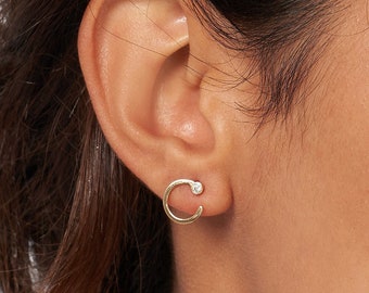 Diamond Open Circle Earrings 14K Solid Gold, Minimalist Circle Stud Earrings, Push Back Earrings, Dainty Post Earrings
