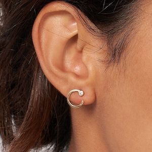 Diamond Open Circle Earrings Real 14K Solid Gold Minimalist Circle Stud Earrings For Women, Push Back Earrings, Dainty Post Earrings