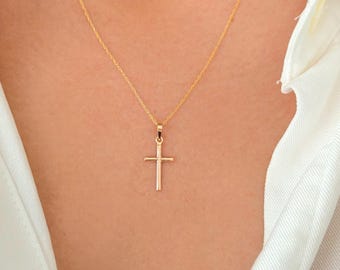 10K or 14K Solid Gold Plain Cross Pendant Necklace, Yellow or White Gold Dainty High Polished Cross Charm For Women, Religious Jewelry