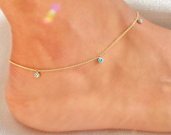 14K Solid Gold Evil Eye Anklet, Protection Enamel Good Luck Charm Ankle Bracelet Women