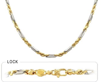 14K Gold Hollow Diamond Cut Figarope Chain Italy, Two Tone Gold Chain Necklace Men Women, Thick Gold Chain 3 - 4.5 mm