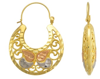 14K Solid Tricolor Gold Diamond Cut Basket Hoop Earrings Women, Dainty Jewelry, Gift For Her