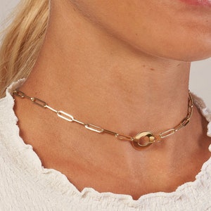Interlocking Circle Necklace Real 14K Yellow Solid Gold Double Ring Necklace For Women,  Minimalist 3.8mm Thick Paperclip Chain Necklace