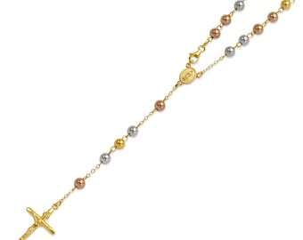 Rosary Beads Necklace 14K Yellow Tricolor Solid Gold Virgin Mary Medal Jesus Cross Pendant Rosario Necklace for Men Women