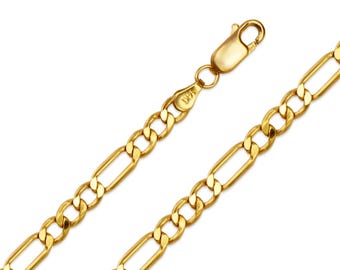 14K Gelb Echt Gold Figaro Kettenhalskette, Unisex Hohl-Link Dicke 2 mm-7,5 mm