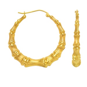 Real 14K Yellow Gold Italy Women Bamboo Hoop Earrings, African Style Earrings, Dainty Jewelry, Gift For Her