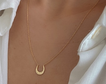 Horse Shoe Necklace 14K Solid Gold Lucky Horseshoe Pendant Good Luck Charm Necklace, Adjustable  Twisted Rope Chain