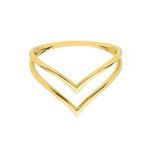 Double Chevron Ring 14K Solid Yellow Gold V Ring For Women, Delicate Gold Stacking Ring Minimalist Unique 14K Gold Ring