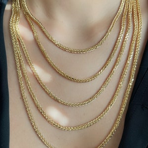 Square Wheat Chain Necklace 10K 14K Yellow Real Gold Men Women 1.75mm 2.3mm 2.65mm 3.25mm 3.9mm 4.5mm Diamond Cut Braided Chain Necklace