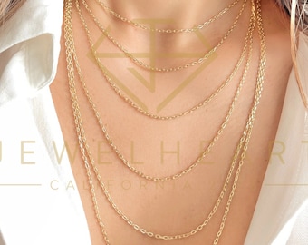 Cable Link Chain Necklace Bracelet 10K 14K Real Gold Diamond Cut Rectangle Long Link Chain Bracelet, 2.1mm Ultra Delicate Layering Necklace
