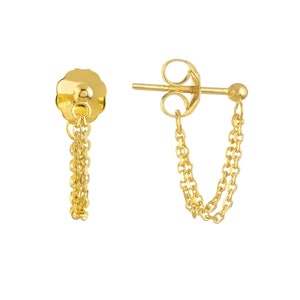 Chain Stud Earrings 14K Solid Gold, Chain Loop Earrings, Double Chain Ear Studs, Front To Back Chain Earrings, Minimalist Earrings