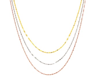 Three Layered Necklace 14K Solid Yellow Tricolor Gold Hammered Mariner Chain Necklace, Adjustable 14kt Real Gold Multi Strand Necklace Women