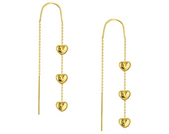 Threader Earrings 14K Solid Yellow Gold Heart Dangle Earrings, Delicate Heart Chain Earrings, Long Chain 14K Real Gold Thread Earrings