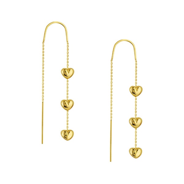 Threader Earrings 14K Solid Yellow Gold Heart Dangle Earrings, Delicate Heart Chain Earrings, Long Chain 14K Real Gold Thread Earrings