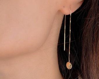 Flat Bead Threader Earrings 14K Solid Gold Long Chain Dangle Earrings, Women Minimalist Thread Earrings