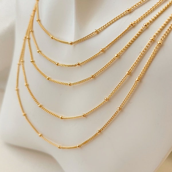 Satellite Chain Bead Station Necklace 14K Yellow Real Gold Ball Beaded Chain Stacking Necklace, Curb Link Cuban Chain