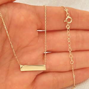 Horizontal Bar Necklace 14K Solid Gold Plain Bar Pendant Necklace, Adjustable Dainty 14K Yellow Gold Cable Chain Necklace For Women