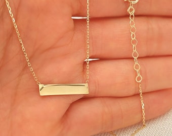 Horizontal Bar Necklace 14K Solid Gold Plain Bar Pendant Adjustable Cable Chain For Women