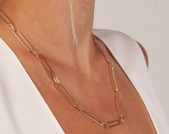 Paperclip Chain Necklace 14K Solid Yellow White Gold Rectangle Link Necklace, Dainty 5mm Chunky Gold Chain, 14K Gold Chain Necklace Women