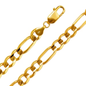 Figaro Chain Necklace Real 14K Yellow Solid Gold 2mm, 3mm, 4mm, 5mm, 6mm, 7mm, 8mm Thick Chain Link Figaro Necklace For Men Women
