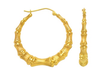 Pendientes de aro de bambú italianos de oro amarillo auténtico de 14 quilates para mujer, estilo africano, joyería delicada, regalo para ella.
