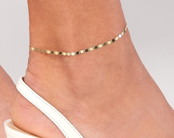 Spiegel Kette Fußkette 14K Gelbgold Sparkle Ankle Armband für Frauen, verstellbare zierliche Kette Minimalist Disc Fußkette