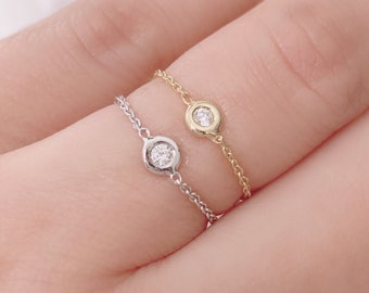 Diamond Bezel Ring 14K Solid Gold Diamond Chain Ring, Dainty 14K Yellow White Real Gold Ring For Women, Minimalist Pinky Ring