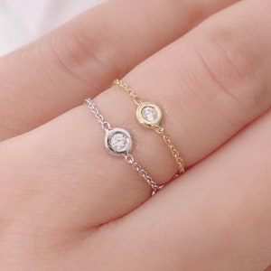 Diamond Bezel Ring 14K Solid Gold Diamond Chain Ring, Dainty 14K Yellow White Real Gold Ring For Women, Minimalist Pinky Ring