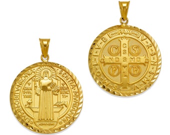 Benedikt Medaille 14K Solid Gelbgold San Benito Medaillon Schutz Anhänger Zweiseitig, Männer Frauen Religiöser Schmuck