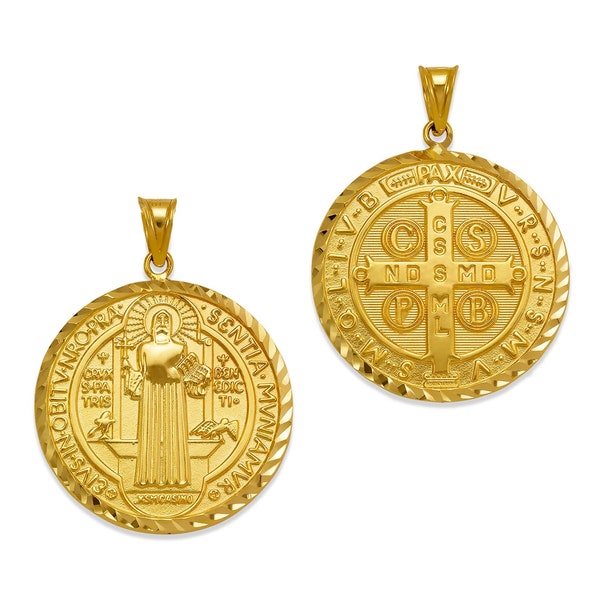 Saint Benedict Medal 14K Solid Yellow Gold San Benito Medallion Protection Pendant Two Sided, Men Women Religious Jewelry