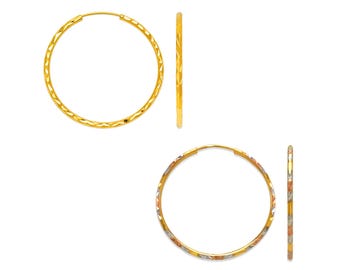 Pendientes de aro redondos sin fin de oro auténtico tricolor de 14 quilates con corte de diamante para mujer