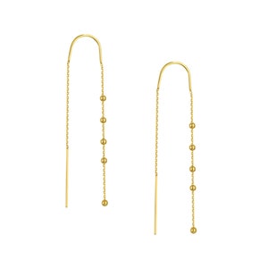 Beaded Threader Earrings 14K Solid Gold Long Drop Dangle Bead Chain Earrings, Minimalist 14K Real Gold Thread Earrings For Women