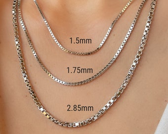 Square Box Chain Necklace 14K White Real Gold 1mm 1.25mm 1.5mm 1.75mm 2.85mm Thick Diamond Cut Chain Link Necklace For Men Women Boys Girls