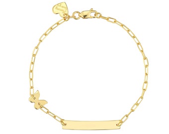 ID Bar Bracelet Girls 14K Solid Yellow Gold  Engraved Heart Tag " Mommy loves you", 14K Gold Butterfly Bracelet, Paperclip Chain Bracelet 6"