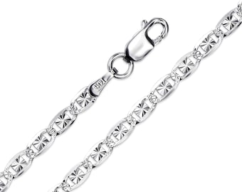 14K Solid White Gold Valentino Chain, 2.2mm, 2.8mm Diamond Cut Star Link Chain Necklace For Men and Women, Dainty Gold Necklace