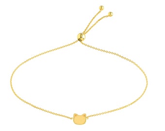 Cat Bracelet 14K Solid Yellow Gold Kitty Bracelet, Minimalist 14K Gold Adjustable Bolo Bracelet Dainty Cable Chain Bracelet Women